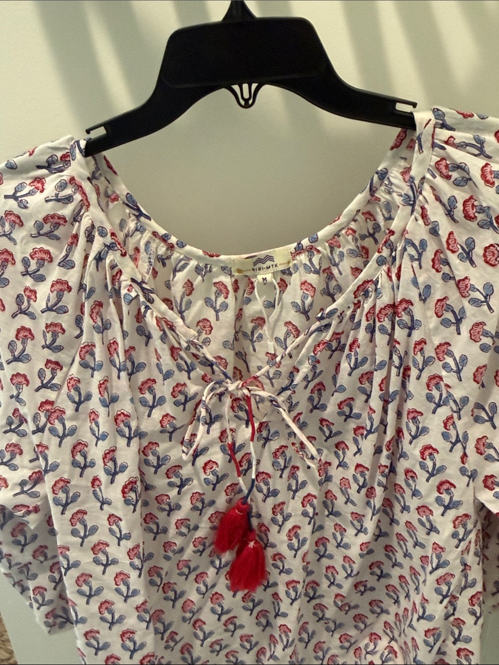Women’s White Floral Tassel Peasant Tunic - Red & Blue